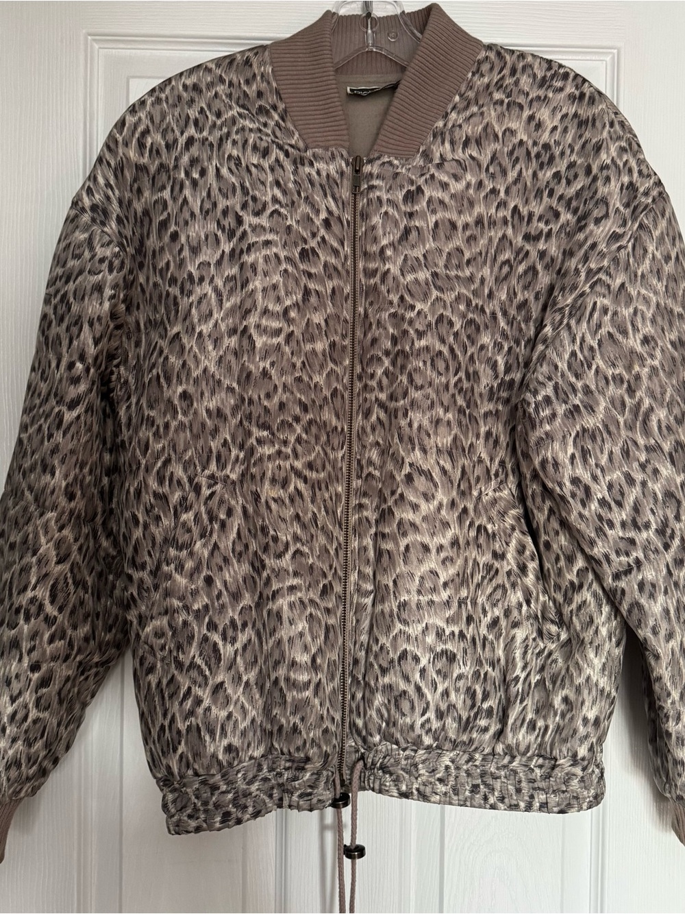 100% Silk Taupe Leopard-Print Bomber Jacket Oversized S to Medium